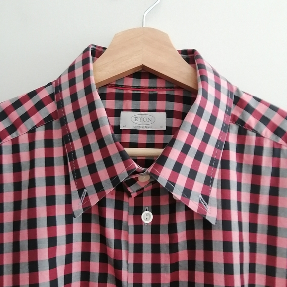 Eton Contemporary Fit Black And Raspberry Red Plaid Button Down Shirt 18 - Picture 7 of 15